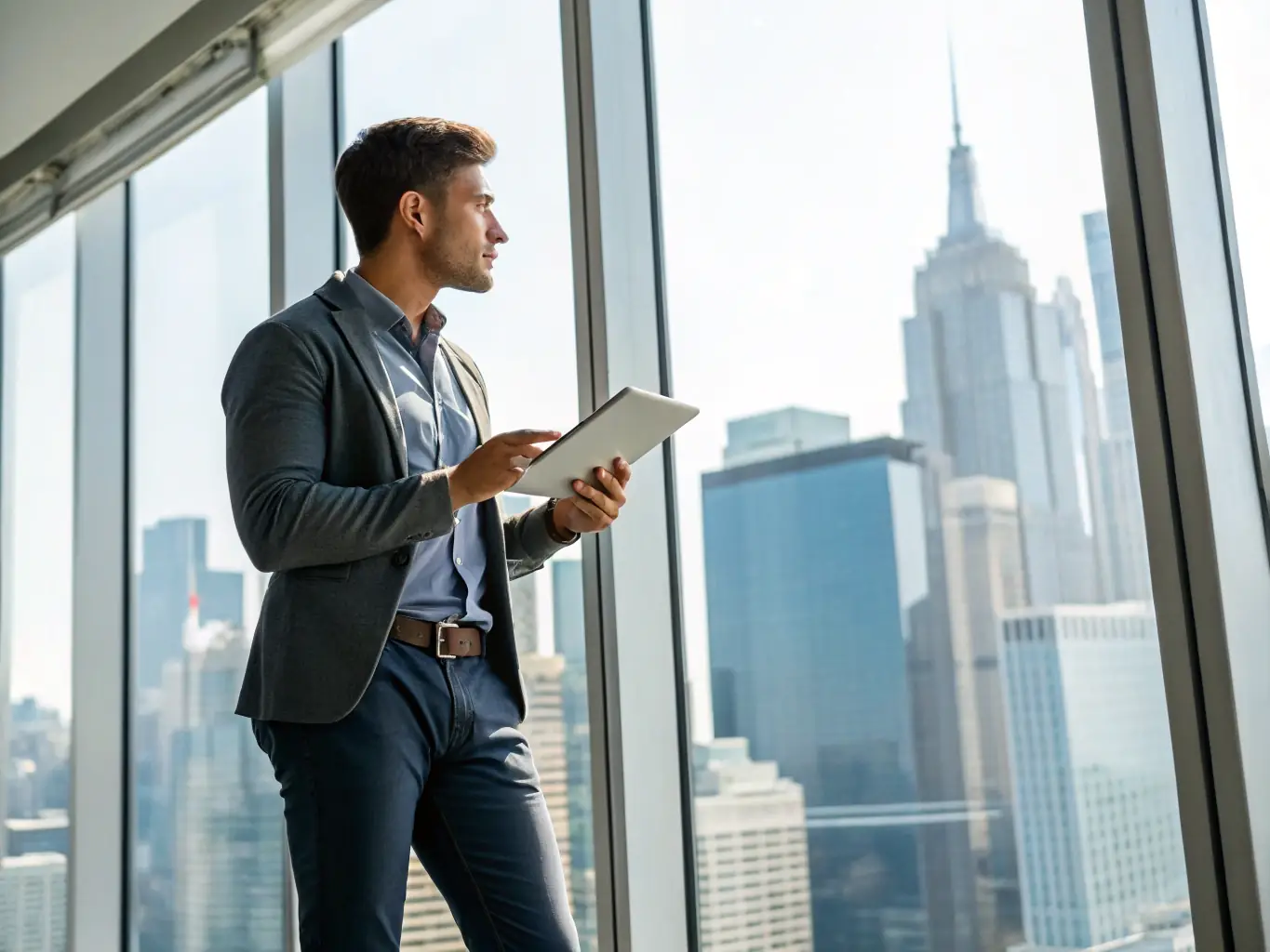A professional businessman confidently reviewing financial documents in a modern office setting, symbolizing improved cash flow management through Net-30 terms.