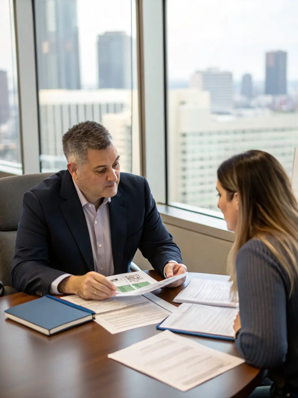 A dedicated credit advisor assisting a business owner with financial planning, symbolizing the personalized guidance offered in the Premium Plan.